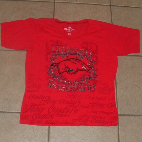 Womens Sz Large Red ARKANSAS RAZORBACKS Soft Stretchy Cotton Embellished Shirt - Picture 1 of 3